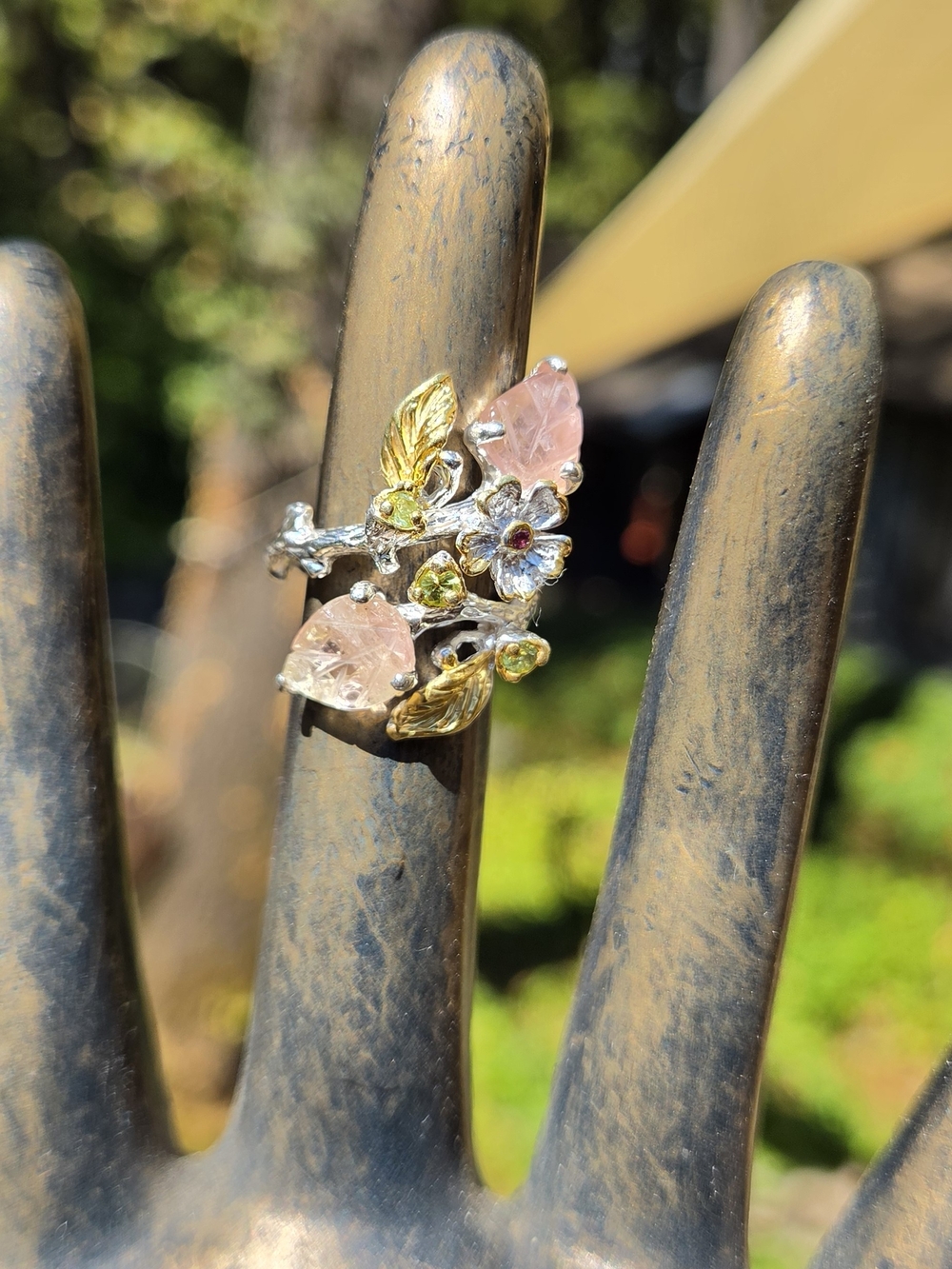 Pink Tourmaline Peridot & Garnet Sterling & Gold Finger Cuff Sz6 - Picture 4 of 11